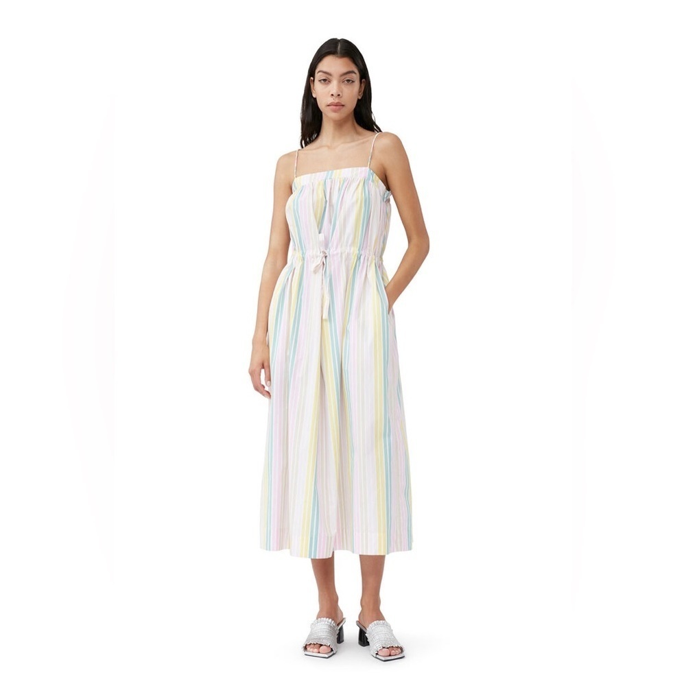 Nwot Ganni Stripe Cotton Maxi Strap Dress Multicolor Boho Casual Women’s Size 4